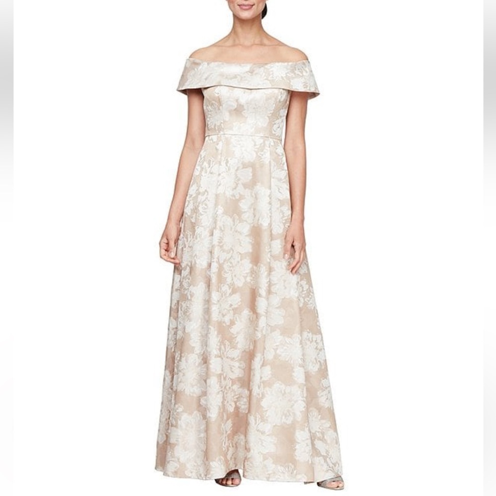Alex Evenings Jacquard Off the Shoulder Short Sleeve Ball Gown